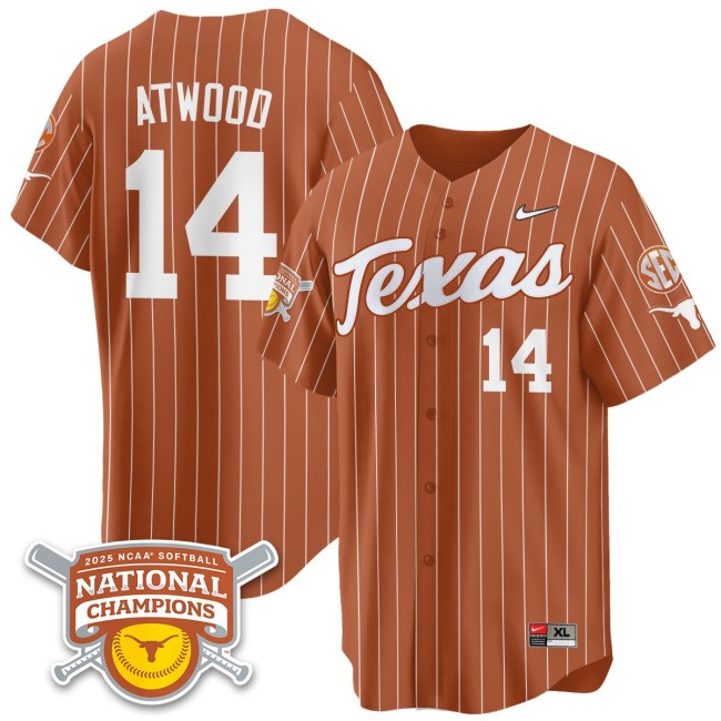 Men's Texas Longhorns #14 Reese Atwood Orange Pinstripe 2025 NCAA Softball National Champions Limited Stitched Jersey