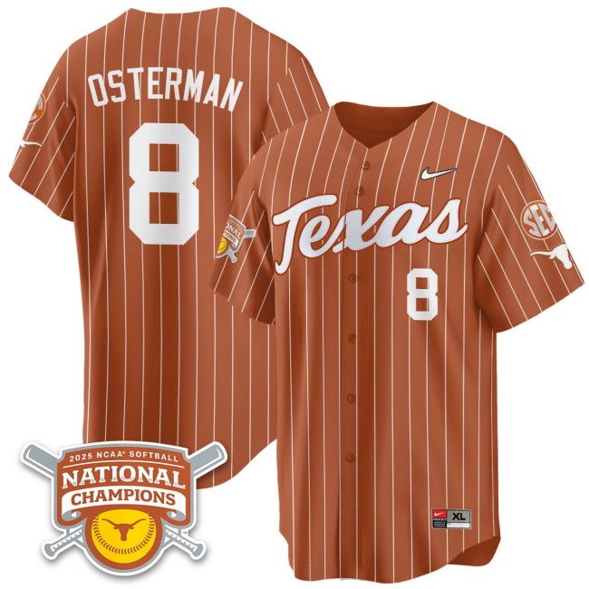 Men's Texas Longhorns #8 Cat Osterman Orange Pinstripe 2025 NCAA Softball National Champions Limited Stitched Jersey