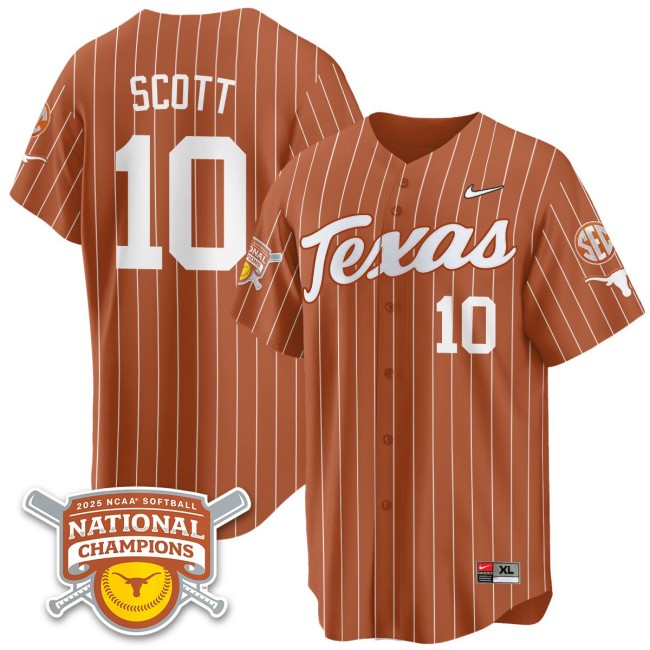 Men's Texas Longhorns #10 Mia Scott Orange Pinstripe 2025 NCAA Softball National Champions Limited Stitched Jersey