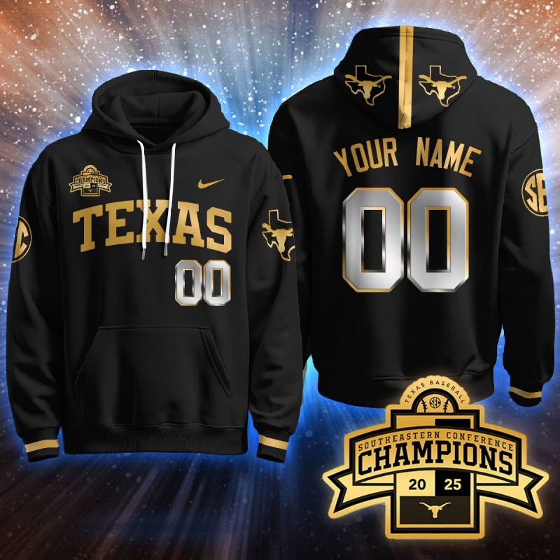 Nike Texas Baseball 2025 Southeastern Conference Champions Custom Hoodie Black Gold - All Stitched