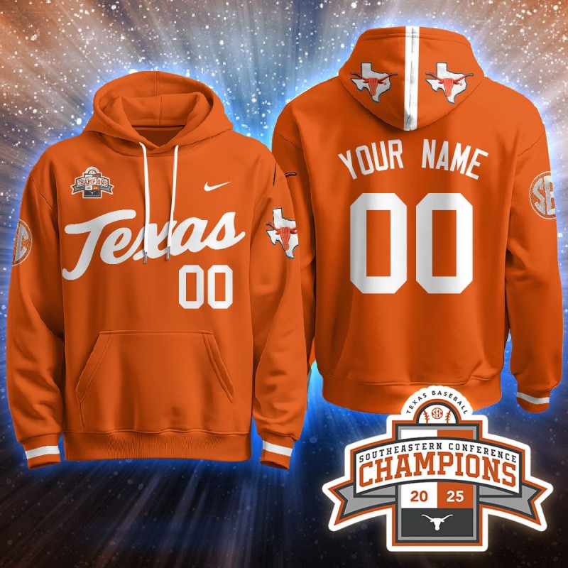 Texas Baseball Nike 2025 Southeastern Conference Champions Custom Hoodie Orange - All Stitched