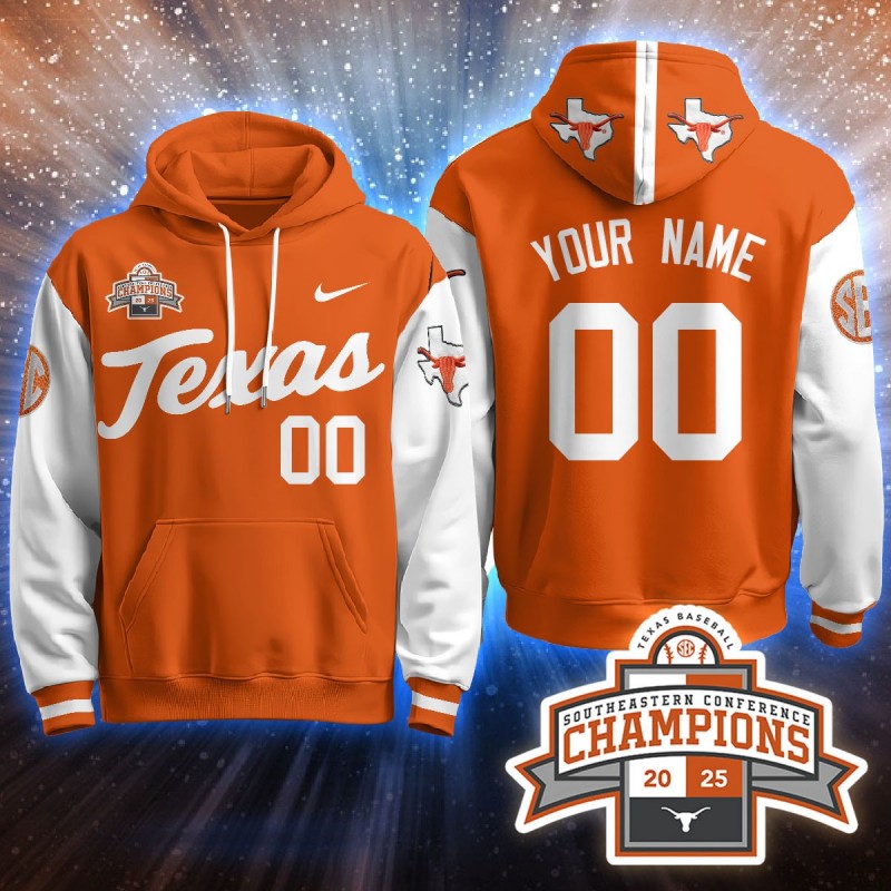 Texas Baseball Nike 2025 Southeastern Conference Champions Custom Hoodie Orange Alternate - All Stitched