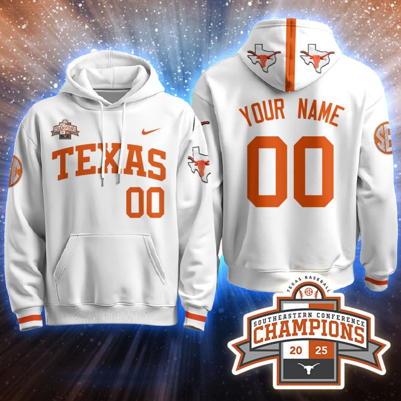 Texas Baseball Nike 2025 Southeastern Conference Champions Custom Hoodie White - All Stitched