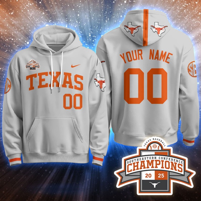 Texas Baseball Nike 2025 Southeastern Conference Champions Custom Hoodie Grey - All Stitched