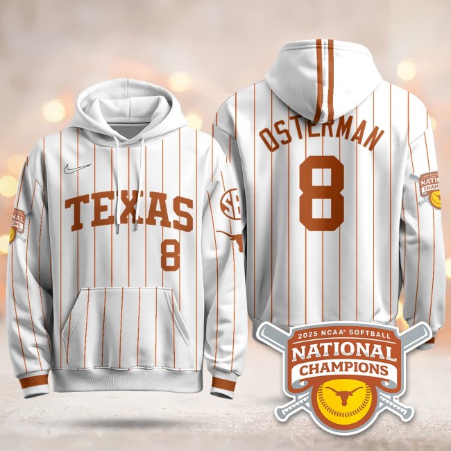 Men's Texas Longhorns #8 Cat Osterman White Pinstripe 2025 NCAA Softball WCWS Champions Hoodie - All Stitched