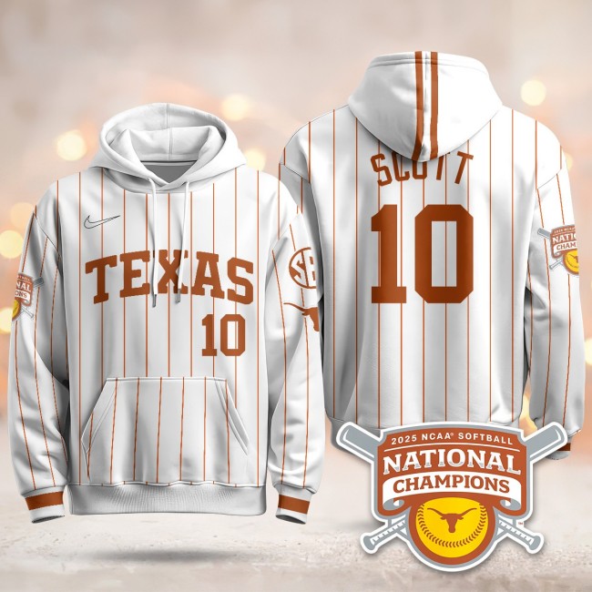 Men's Texas Longhorns #10 Mia Scott White Pinstripe 2025 NCAA Softball WCWS Champions Hoodie - All Stitched