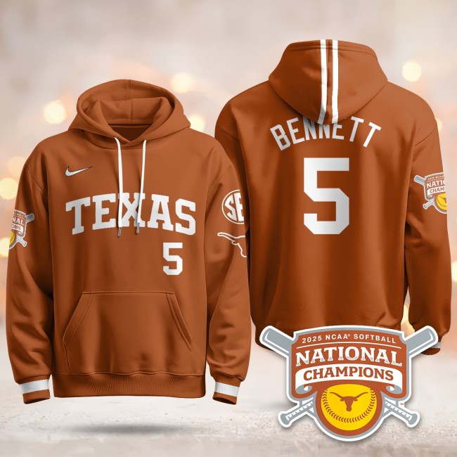 Men's Texas Longhorns #5 Kaydee Bennett Orange 2025 NCAA Softball WCWS Champions Hoodie - All Stitched