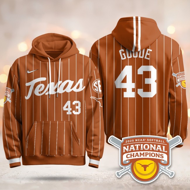 Men's Texas Longhorns #43 Leighann Goode Orange Pinstripe 2025 NCAA Softball WCWS Champions Hoodie - All Stitched