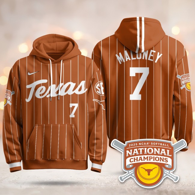 Men's Texas Longhorns #7 Ashton Maloney Orange Pinstripe 2025 NCAA Softball WCWS Champions Hoodie - All Stitched