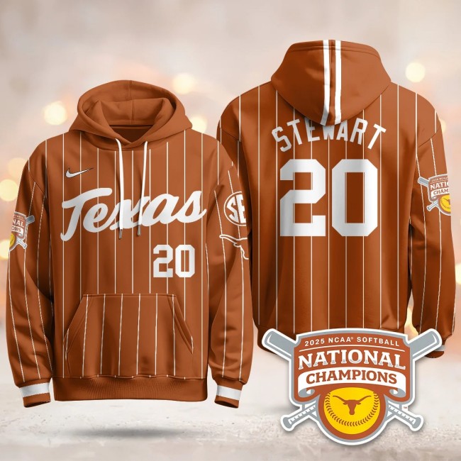 Men's Texas Longhorns #20 Katie Stewart Orange Pinstripe 2025 NCAA Softball WCWS Champions Hoodie - All Stitched
