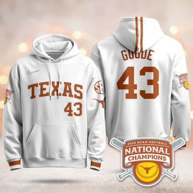 Men's Texas Longhorns #43 Leighann Goode White 2025 NCAA Softball WCWS Champions Hoodie - All Stitched