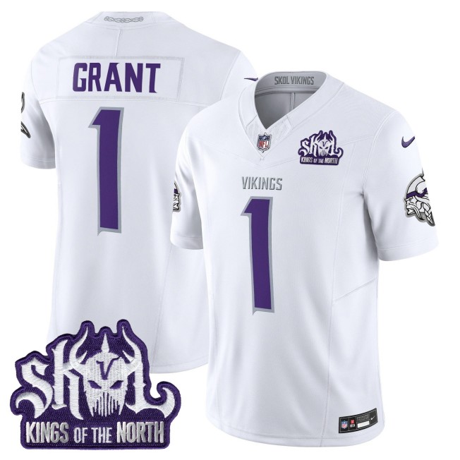 Men's Minnesota Vikings #1 Bud Grant White Nike 2025 Winter Warrior Skol Patch Vapor Limited NFL Jersey