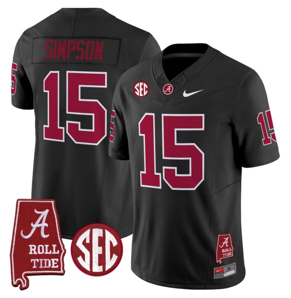 Men's Alabama Crimson Tide #15 Ty Simpson Throwback Stitched Nike Jersey Black - Alabama Map