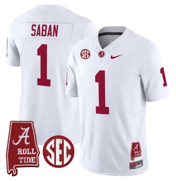 Men's Alabama Crimson Tide #1 Nick Saban Throwback Stitched Nike Jersey Whtie - Alabama Map