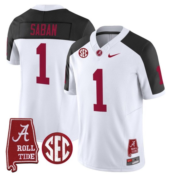 Men's Alabama Crimson Tide #1 Nick Saban Throwback Stitched Nike Jersey Inverted - Alabama Map