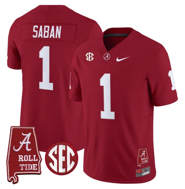 Men's Alabama Crimson Tide #1 Nick Saban Throwback Stitched Nike Jersey Crimson - Alabama Map