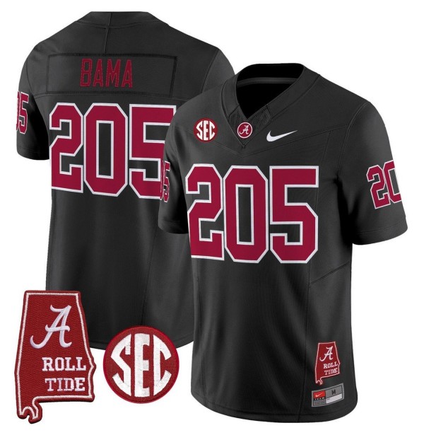 Men's Alabama Crimson Tide 205 Bama Throwback Stitched Nike Jersey Black - Alabama Map