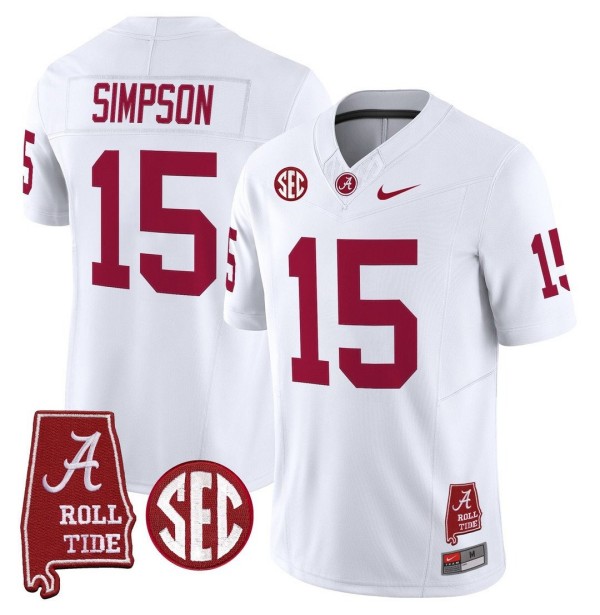 Men's Alabama Crimson Tide #15 Ty Simpson Throwback Stitched Nike Jersey Whtie - Alabama Map