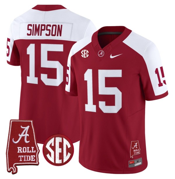 Men's Alabama Crimson Tide #15 Ty Simpson Throwback Stitched Nike Jersey Crimson Alternate - Alabama Map