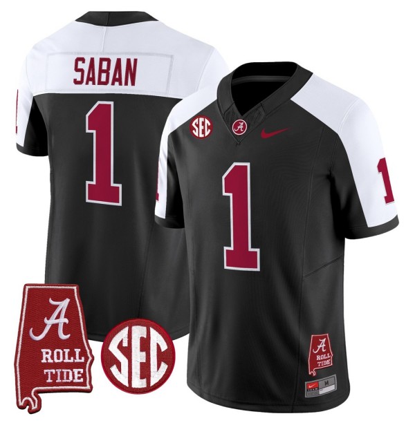 Men's Alabama Crimson Tide #1 Nick Saban Throwback Stitched Nike Jersey Black Alternate - Alabama Map