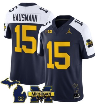 Men's Michigan Wolverines #15 Ernest Hausmann Navy White 2025 FUSE Limited Stitched Football Jersey - With Team & MI State Map Patch