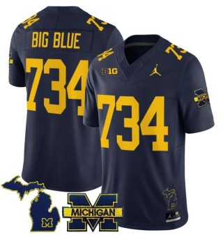 Men's Michigan Wolverines 734 Big Blue Navy 2025 FUSE Limited Stitched Football Jersey - With Team & MI State Map Patch