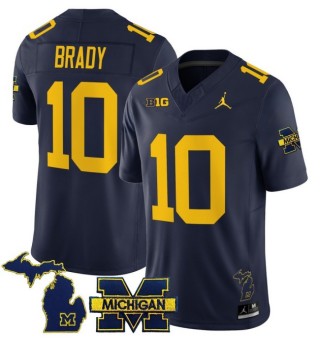 Men's Michigan Wolverines #10 Tom Brady Navy 2025 FUSE Limited Stitched Football Jersey - With Team & MI State Map Patch