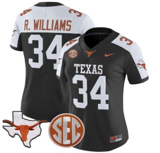 Women's Texas Longhorns #34 Ricky Williams Nike 2025 Vapor Limited Stitched Football Jersey Black Alternate - With TX State Map & SEC Patch