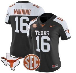 Women's Texas Longhorns #16 Arch Manning Nike 2025 Vapor Limited Stitched Football Jersey Black Alternate - With TX State Map & SEC Patch