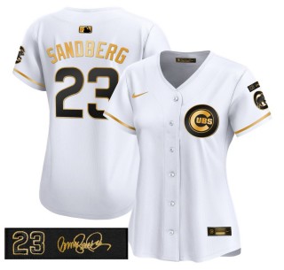 Women's Chicago Cubs #23 White Gold 'Ryne Sandberg Tribute' 2025 Nike Limited Stitched MLB Jersey