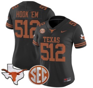 Women's Texas Longhorns 512 Hook 'Em Black Nike 2025 Vapor Limited Stitched Football Jersey - With TX State Map & SEC Patch