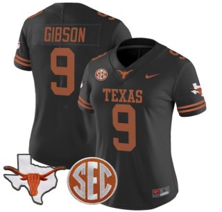 Women's Texas Longhorns #9 Jerrick Gibson Black Nike 2025 Vapor Limited Stitched Football Jersey - With TX State Map & SEC Patch