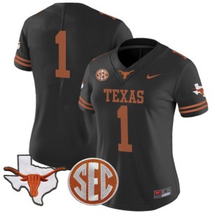 Women's Texas Longhorns #1 Black Nike 2025 Vapor Limited Stitched Football Jersey - With TX State Map & SEC Patch