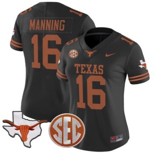 Women's Texas Longhorns #16 Arch Manning Black Nike 2025 Vapor Limited Stitched Football Jersey - With TX State Map & SEC Patch