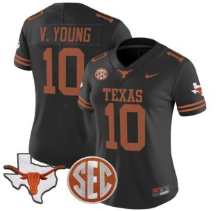 Women's Texas Longhorns #10 Vince Young Black Nike 2025 Vapor Limited Stitched Football Jersey - With TX State Map & SEC Patch