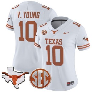 Women's Texas Longhorns #10 Vince Young White Nike 2025 Vapor Limited Stitched Football Jersey - With TX State Map & SEC Patch