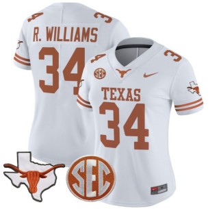Women's Texas Longhorns #34 Ricky Williams White Nike 2025 Vapor Limited Stitched Football Jersey - With TX State Map & SEC Patch