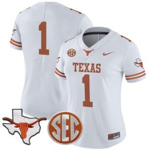 Women's Texas Longhorns #1 White Nike 2025 Vapor Limited Stitched Football Jersey - With TX State Map & SEC Patch