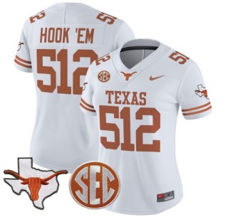 Women's Texas Longhorns 512 Hook 'Em White Nike 2025 Vapor Limited Stitched Football Jersey - With TX State Map & SEC Patch