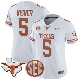 Women's Texas Longhorns #5 Quintrevion Wisner White Nike 2025 Vapor Limited Stitched Football Jersey - With TX State Map & SEC Patch