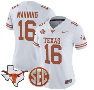 Women's Texas Longhorns #16 Arch Manning White Nike 2025 Vapor Limited Stitched Football Jersey - With TX State Map & SEC Patch