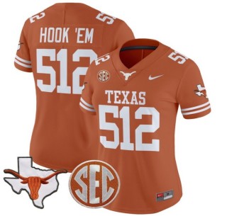 Women's Texas Longhorns 512 Hook 'Em Orange Nike 2025 Vapor Limited Stitched Football Jersey - With TX State Map & SEC Patch