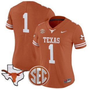 Women's Texas Longhorns #1 Orange Nike 2025 Vapor Limited Stitched Football Jersey - With TX State Map & SEC Patch