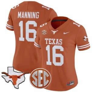 Women's Texas Longhorns #16 Arch Manning Orange Nike 2025 Vapor Limited Stitched Football Jersey - With TX State Map & SEC Patch