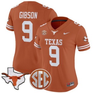 Women's Texas Longhorns #9 Jerrick Gibson Orange Nike 2025 Vapor Limited Stitched Football Jersey - With TX State Map & SEC Patch