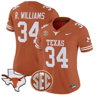 Women's Texas Longhorns #34 Ricky Williams Orange Nike 2025 Vapor Limited Stitched Football Jersey - With TX State Map & SEC Patch