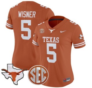 Women's Texas Longhorns #5 Quintrevion Wisner Orange Nike 2025 Vapor Limited Stitched Football Jersey - With TX State Map & SEC Patch