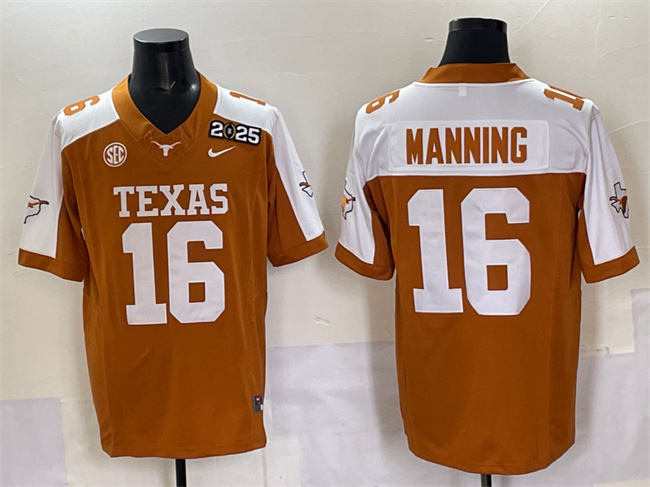 Men's Texas Longhorns #16 Peyton Manning Orange White Nike 2025 CFP Final SEC Patch FUSE Limited Stitched Football Jersey