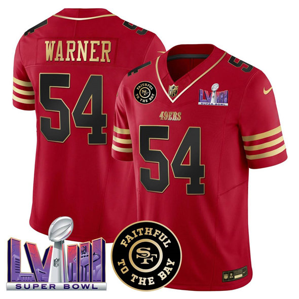 Men's San Francisco 49ers #54 Fred warner Red 2025 F.U.S.E. Faithful & Super Bowl LVIII Patch Vapor Limited Stitched Football Jersey
