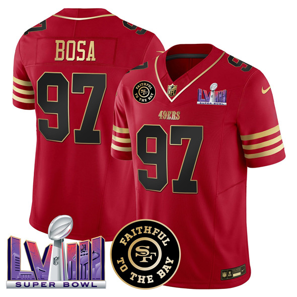 Men's San Francisco 49ers #97 Nick Bosa Red 2025 F.U.S.E. Faithful & Super Bowl LVIII Patch Vapor Limited Stitched Football Jersey